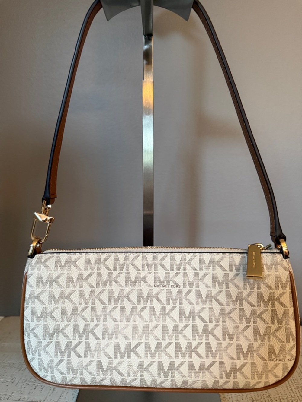 NWOT Michael Kors Beige MK Logo with Brown Leather Dual Pocket Shoulder Bag - Picture 2 of 4
